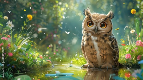 Cute owl in a flower-filled forest