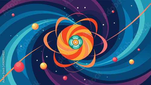 A textured background of swirling colors with a quantum particle in the center demonstrating the combination of scientific and creative elements in quantum computing for data. Vector illustration