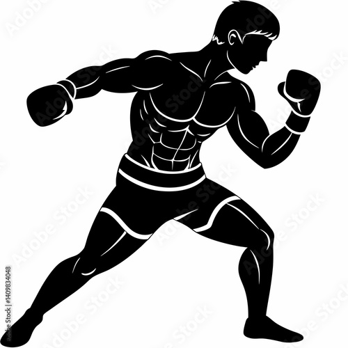 "A bold black silhouette vector of a male boxer in a forward punching stance, legs apart for balance, muscular build, wearing boxing gloves and shorts, side profile view, minimal detail with clean lin