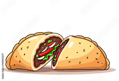 Icon of delicious empanada cut in half revealing beef and vegetables, on white background, perfect for food blogs, recipe websites, culinary presentations, and cooking education content