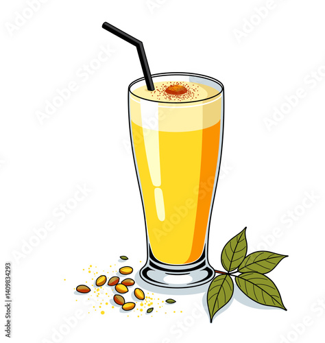 Icon of mango lassi in tall glass, creamy texture with saffron and pistachios, isolated on white background, perfect for blogs, websites, and stationery design