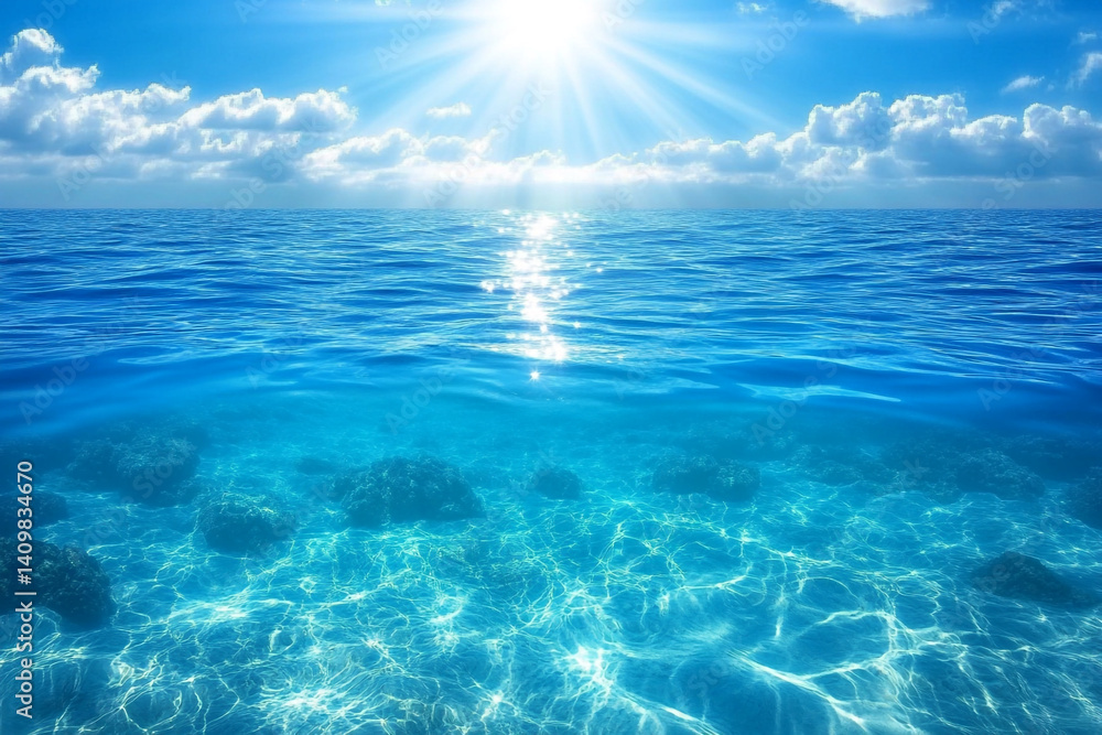 Obraz premium Serene ocean view sun shining bright above crystal clear water underwater rocks visible
