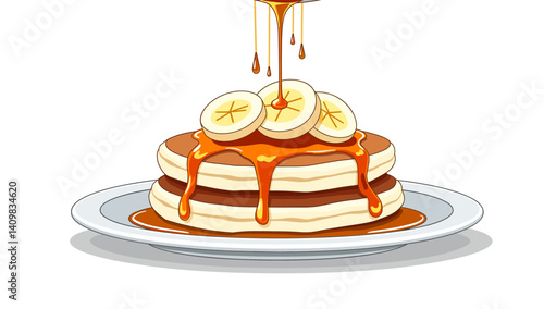 Icon of fluffy pancakes with caramelized bananas and maple syrup, isolated on white background, ideal for food blogs and culinary education