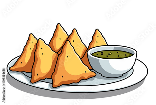 Icon of golden-brown samosas with spicy green chutney on white background, ideal for culinary blogs, recipes, and food presentations