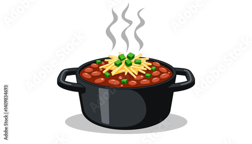 Icon of isolated deep black pot steaming with chili con carne topped with cheese and green onions, perfect for culinary blogs, recipes, and food presentation