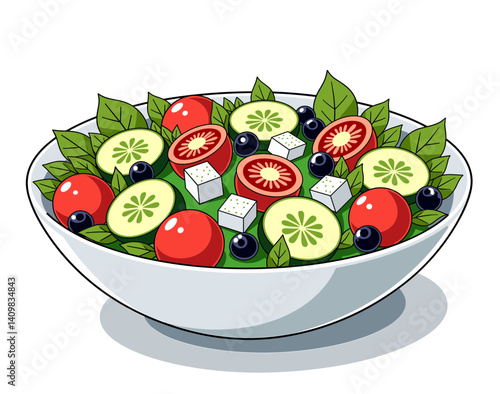Fresh Greek salad icon, vibrant colors, isolated on white background, suitable for blogs, websites, education on healthy eating, and culinary presentations