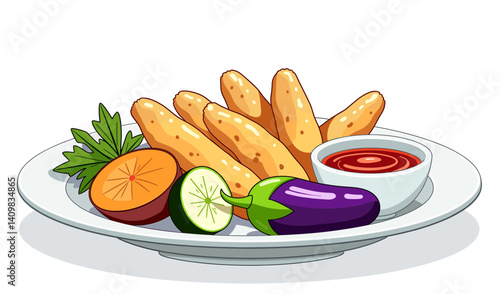 Crispy tempura vegetables isolated on white background, vector art design for food blogs