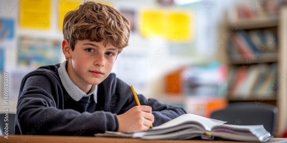 A young boy focuses on his studies in a classroom. He holds a pencil and looks thoughtfully at his book. The environment is bright and educational. Ideal for educational themes. AI