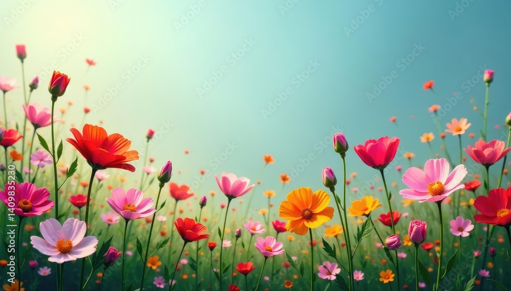 Naklejka premium Delicate wildflowers in a continuous, vibrant array , wallpaper, pattern, flowery