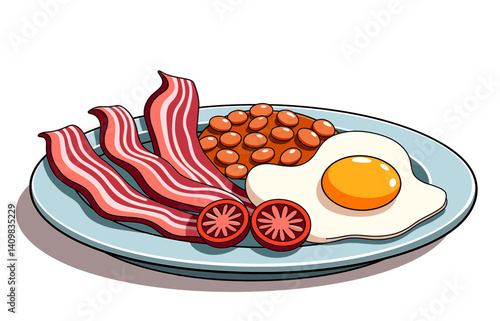 Icon of traditional English breakfast plate with crispy bacon, sunny-side-up eggs, baked beans, grilled tomatoes, isolated on white background for food blogs, recipes, culinary arts