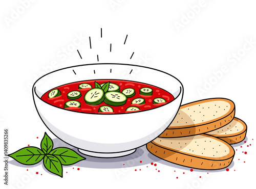Icon of chilled gazpacho bowl with diced vegetables and crusty bread, minimalist vector art, perfect for food blogs and culinary presentations