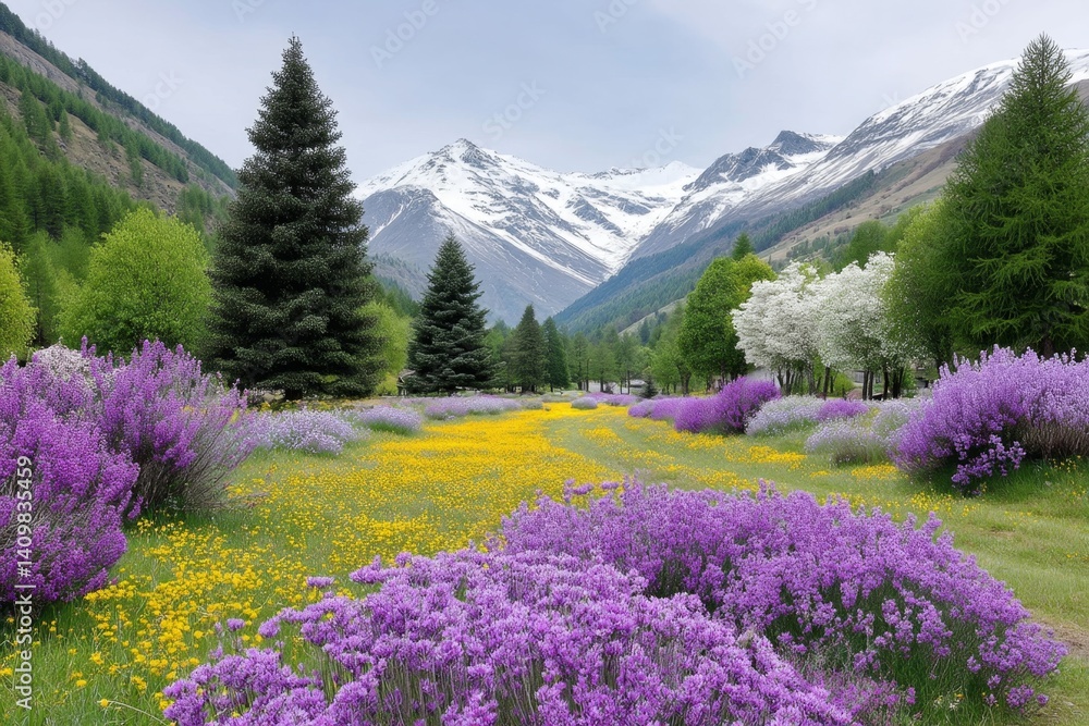 An alpine meadow blooming with wildflowers in spring An alpine meadow blooming with wildflowers in spring