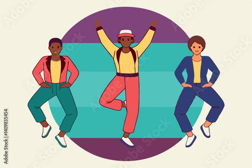 Group of dancers performing dynamic dance moves in vibrant outfits during a lively street performance