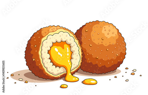 Crispy arancini balls oozing creamy risotto on minimalist white background, ideal for culinary blogs, websites, art designs