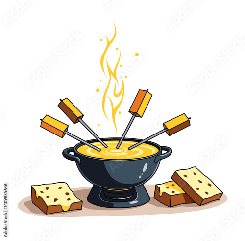 Icon of Swiss fondue pot with bubbling cheese and skewered bread cubes, isolated on white, suitable for culinary blogs, recipe websites, and food education materials