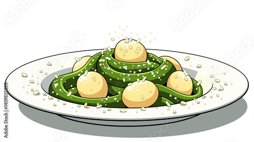 Iconic plate of gnocchi coated in rich pesto isolated on white background, perfect for culinary blogs and educational content