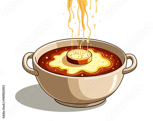 Icon of French onion soup with cheese and croutons pouring, minimalist illustration, perfect for culinary blogs and food design