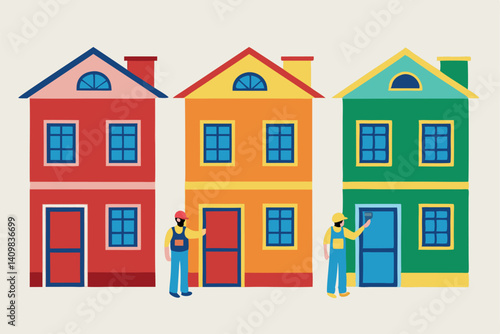Workers engaging in colorful house painting and renovation activities in a vibrant neighborhood during daylight