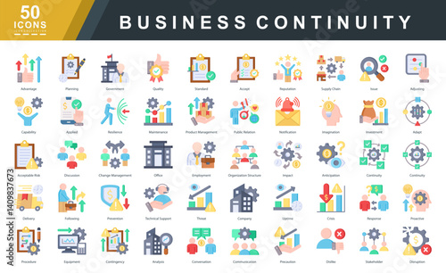 Business continuity flat icon set covering risk planning, resilience, disruption response, and operational strategy. Ideal for corporate preparedness, crisis management, and workflow design.