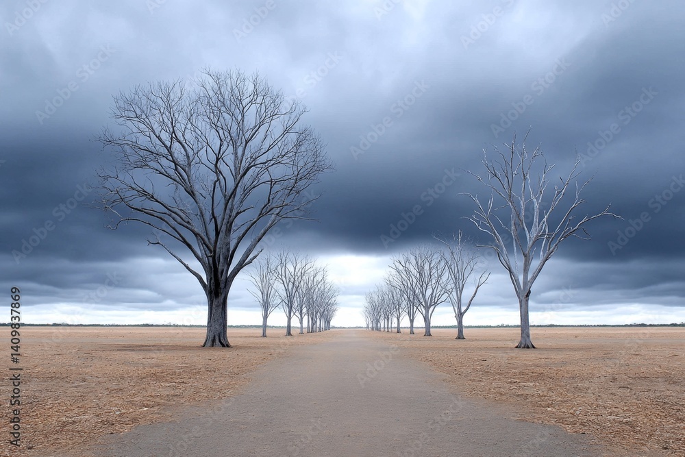 Fototapeta premium Dark earth under black clouds and skeletal trees in a global warming dystopia