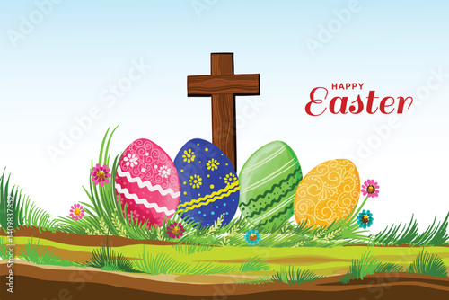 Happy easter card background with christian cross composition  eggs for green background