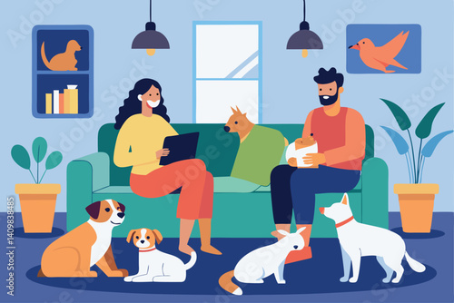 Couple enjoys time with pets at home while relaxing on couch during a cozy afternoon