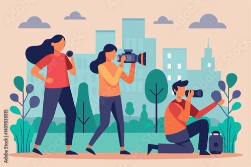 Three photographers capture moments in an urban park during a bright day with lush greenery and city skyline