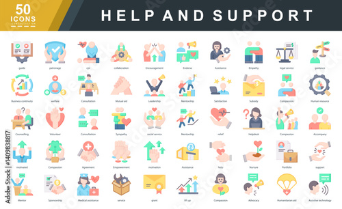 Help and Support flat icon set focused on empathy, mentorship, assistance, and humanitarian aid. Ideal for nonprofits, customer care, wellness platforms, and community support visuals.