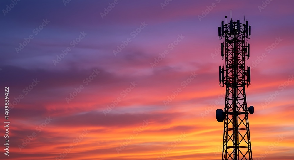 Naklejka premium 5G Network Tower at Sunset – Connectivity Concept