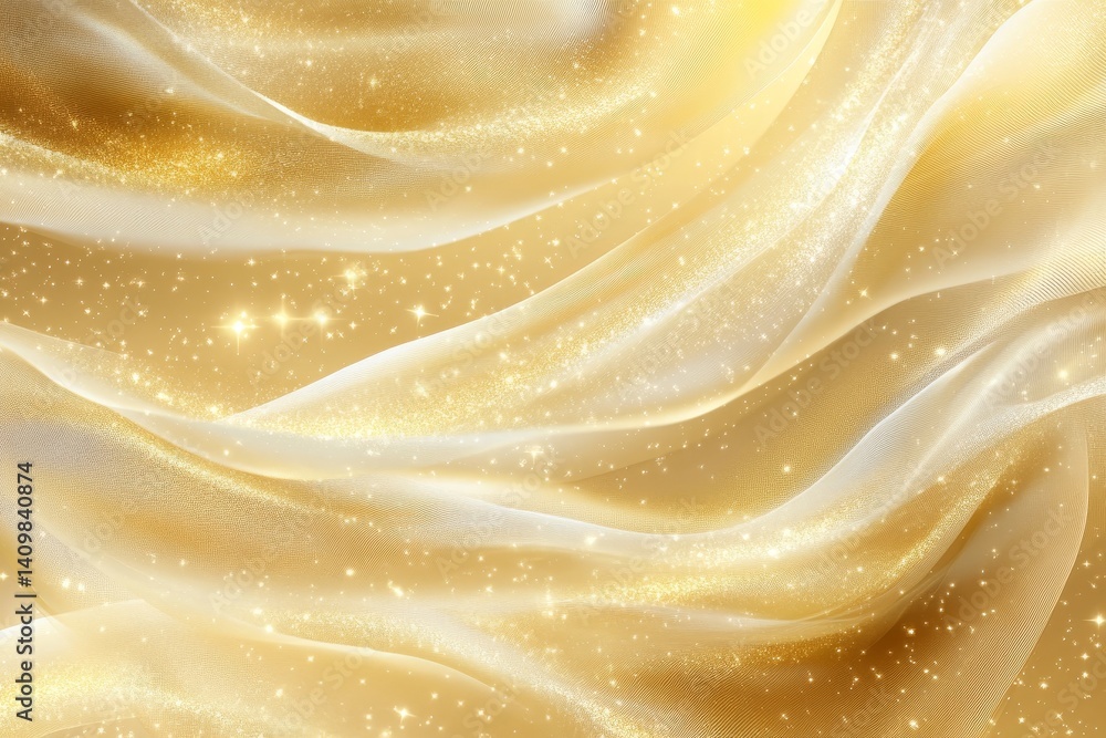 Golden sparkling fabric with elegant translucent waves and glittering details Golden sparkling fabric with elegant translucent waves and glittering details