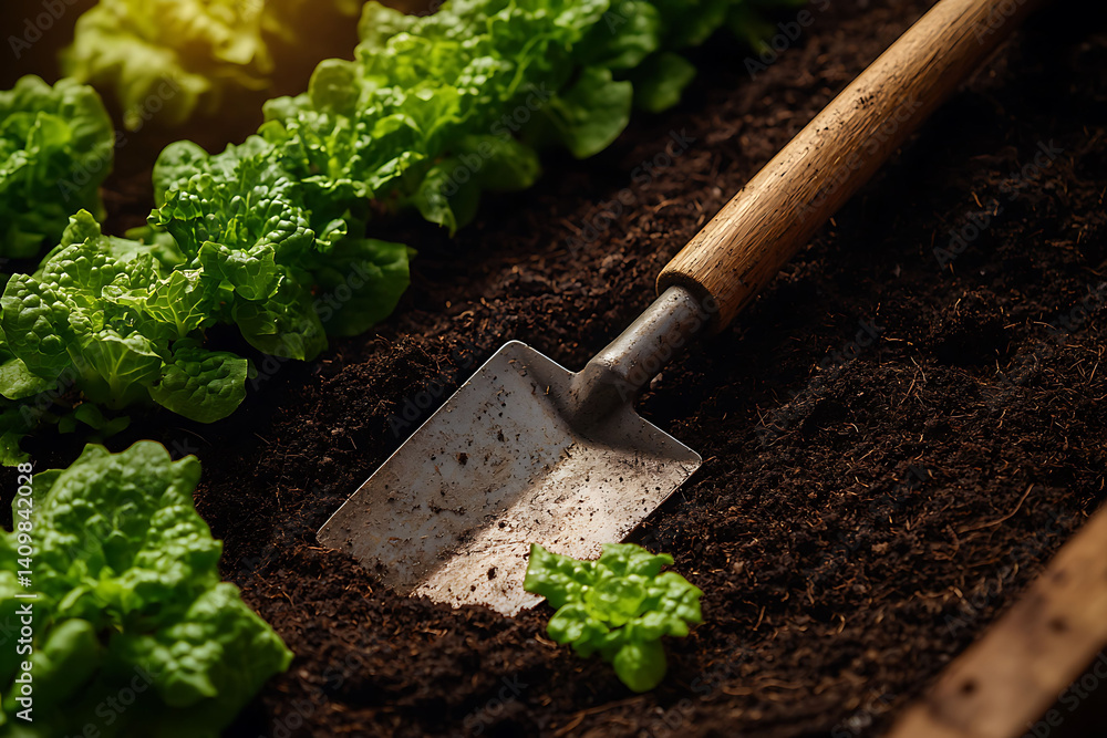 Closeup of a small garden trowel nestled in rich dark soil, alongside vibrant green lettuce seedlings. Perfect for gardening, agriculture, and healthy eating concepts. Closeup of a small garden trowel nestled in rich dark soil, alongside vibrant green lettuce seedlings. Perfect for gardening, agriculture, and healthy eating concepts.