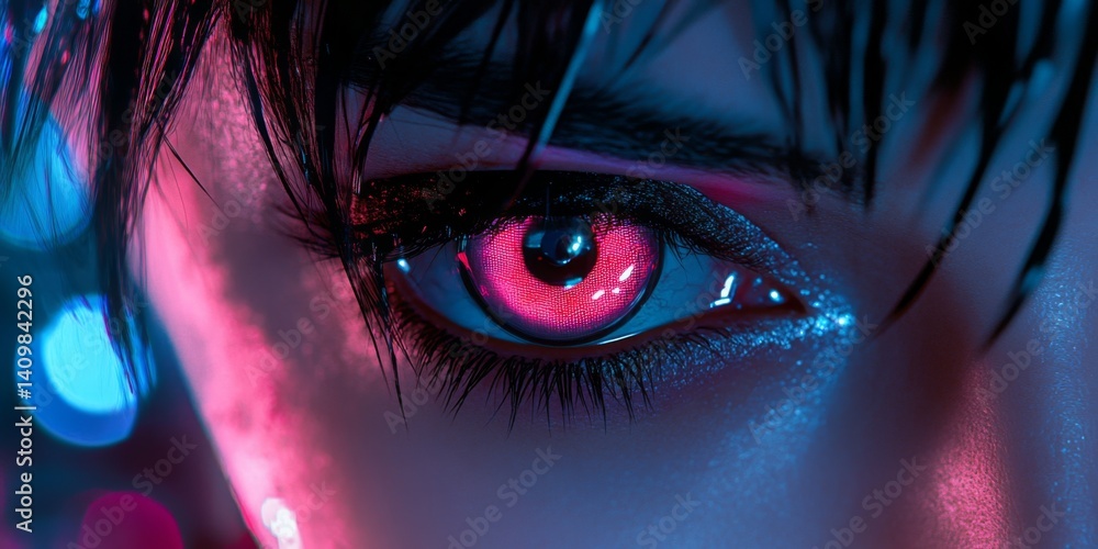 A striking close-up of an eye with vibrant colors and captivating details. The eye glows with a pink hue against a dark background. A modern and artistic style. Ideal for digital art enthusiasts. AI