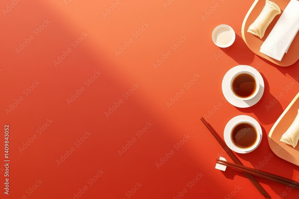 Fototapeta premium Elegant Chinese Tea Setup with Dumplings on Vibrant Orange Table