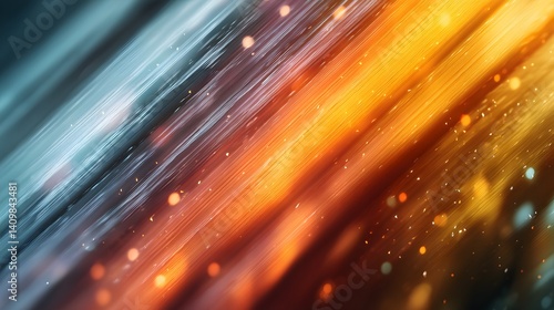 Abstract background with diagonal streaks of light transitioning from cool blues to warm oranges and reds, featuring sparkling bokeh and energetic motion blur effect.  