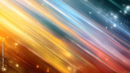 Abstract background with diagonal streaks of light transitioning from cool blues to warm oranges and reds, featuring sparkling bokeh and energetic motion blur effect.  