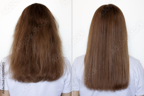 Woman before and after washing her hair with moisturizing shampoo on a white background. Flawless smooth hair after straightening with an iron. Collage, back view. Hair care and treatment concept