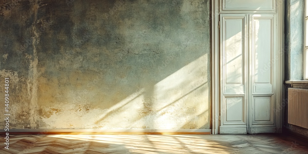 A serene interior shot of an empty room with textured walls and soft light streaming through. The sunlight creates shadows and highlights the old floor.