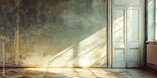 Obraz na płótnie A serene interior shot of an empty room with textured walls and soft light streaming through. The sunlight creates shadows and highlights the old floor. w salonie