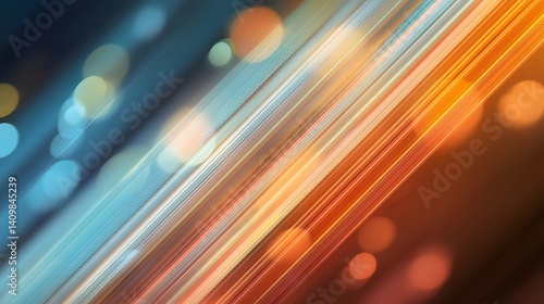 Abstract background with diagonal streaks of light transitioning from cool blues to warm oranges and reds, featuring sparkling bokeh and energetic motion blur effect.  