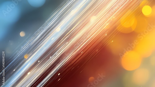 Abstract background with diagonal streaks of light transitioning from cool blues to warm oranges and reds, featuring sparkling bokeh and energetic motion blur effect.  
