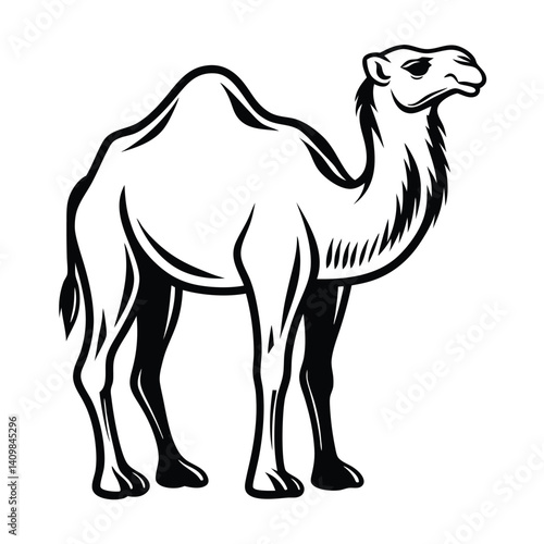 Camel Monochrome Dromedary Camel in Black and White, Desert Animal, Logo Style
