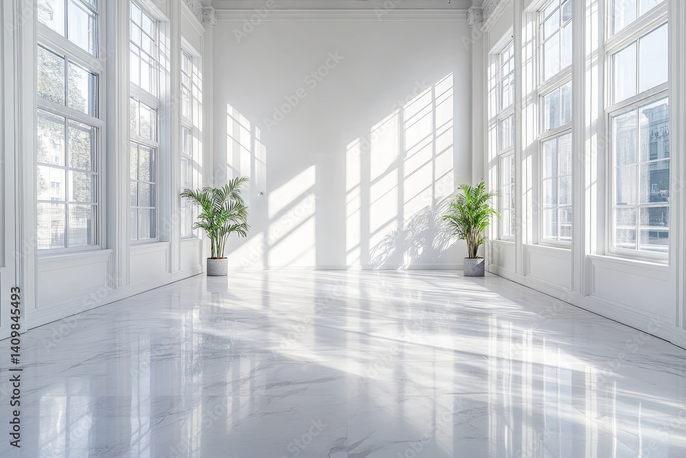 Fototapeta premium Spacious sunlit modern interior with large windows and greenery