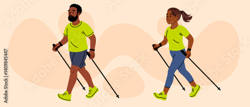 Man and woman walking with trekking poles on beige background