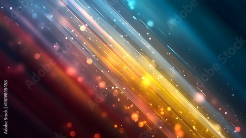 Abstract background with diagonal streaks of light transitioning from cool blues to warm oranges and reds, featuring sparkling bokeh and energetic motion blur effect.  