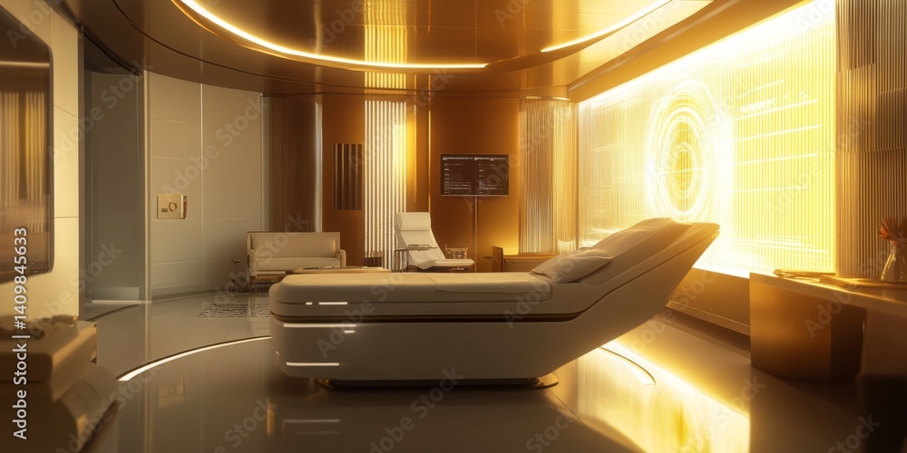 A sleek futuristic room with warm glowing accents. The minimalist design features a modern recliner and soft seating. Perfect for relaxation and tranquility. Embrace this stylish space. AI