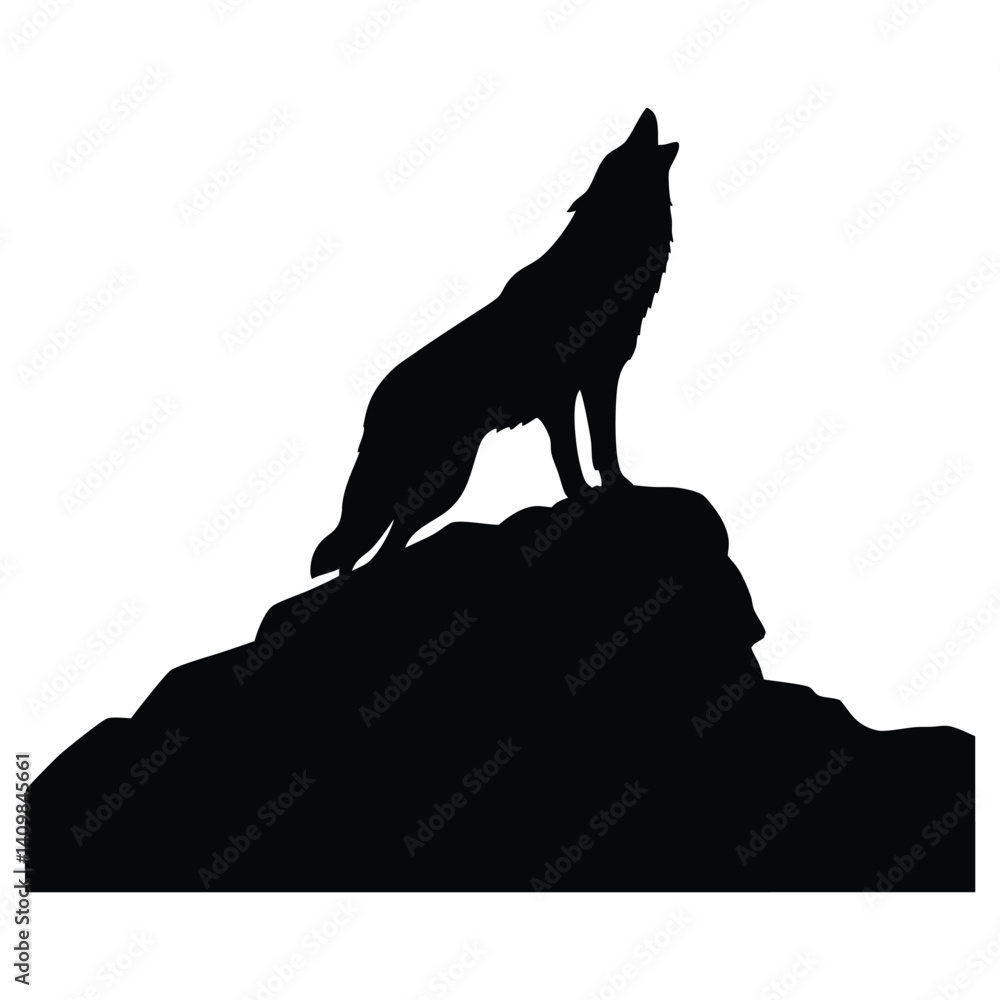 Wolf roaring on a rock vector silhouette
