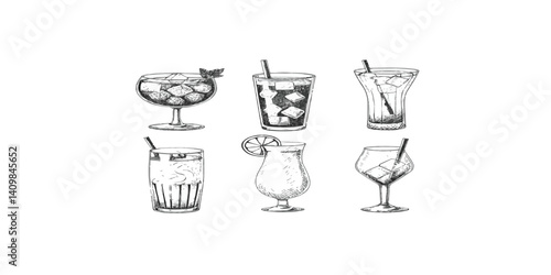 Print  Engraving hand drawn cocktails collection. Hand drawn sketch set of alcoholic cocktails Vintage vector illustration