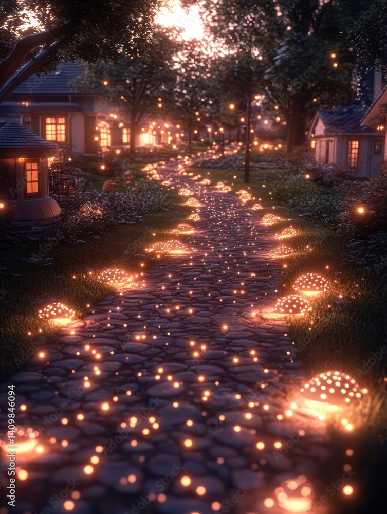 Naklejka premium Illuminated pathway winds through a garden at night with trees and building.