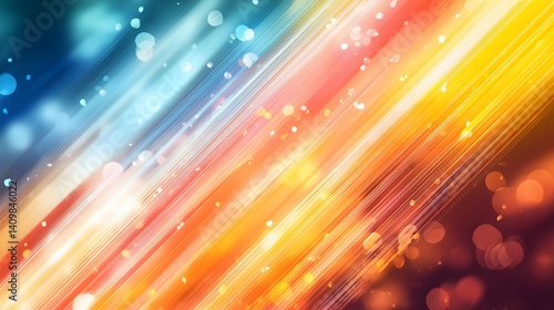 Abstract background with diagonal streaks of light transitioning from cool blues to warm oranges and reds, featuring sparkling bokeh and energetic motion blur effect.  