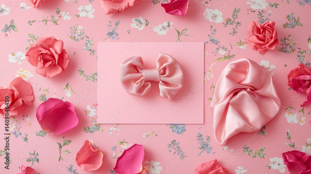 Delicate Pink Satin Bow and Fabric Arrangement on Floral Background Delicate Pink Satin Bow and Fabric Arrangement on Floral Background